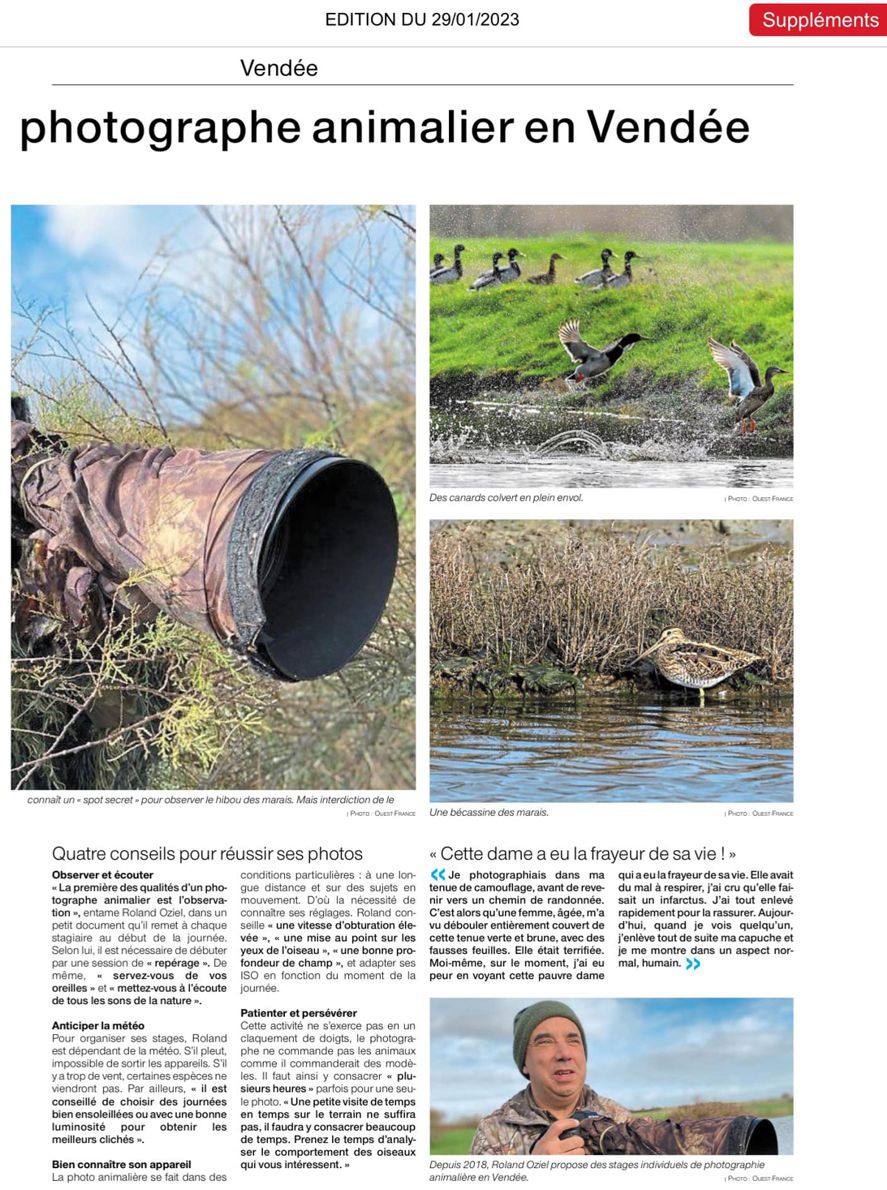 Article Ouest France Roland Oziel propose des stages de photo animalière